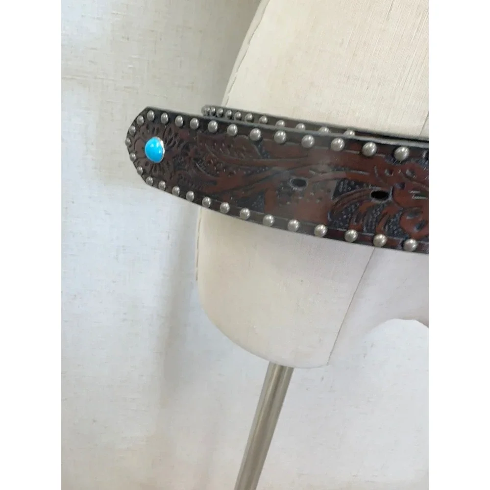 Leather Turquoise Floral Tooled Western Belt Womens Medium/Large Vegan‎ Leather